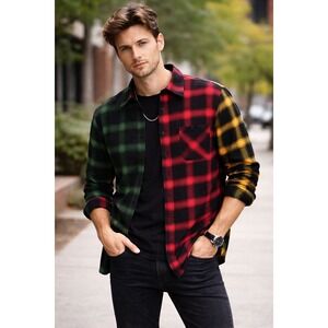 Hollister Mens Shirt L Colorblock Plaid Flannel Button Up Grunge Streetwear Y2K